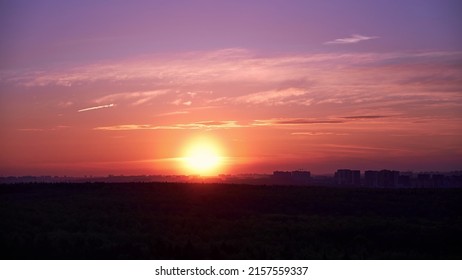 Sunrise Among Beautiful Clouds. Orange Sun In The Morning Sky, Timelapse