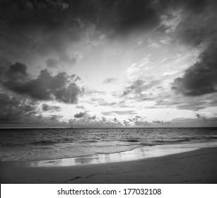 Sunrise Bavaro Beach, Punta Cana, Dominican Republic. Black and white monochrome. Vacation, travel concept