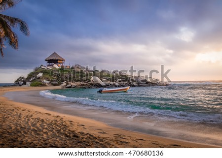 Sunrise and beach hut at Cabo San Juan - Tayrona Natural National Park, Colombia Stock photo © 
