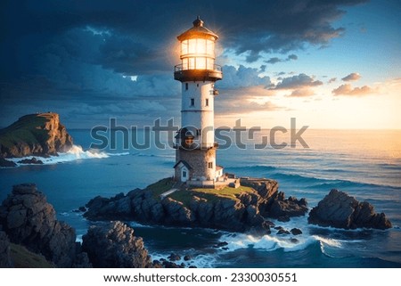 Sunrise behind an old stone lighthouse