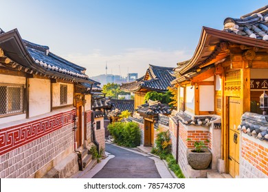 Sunrise of Bukchon Hanok Village in Seoul, South Korea.