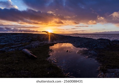 Sunrise casts vibrant colors over a rocky shoreline, creating reflections in water pools under dramatic clouds. - Powered by Shutterstock