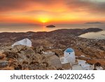The sunrise from the churches Agia Barbara and Jesus Christ in Pano Chora of Serifos island in Cyclades, Greece