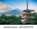 Sunrise at Chureito Pagoda, in Fujiyoshida (Yamanashi,Japan). This town in the region of the seven lakes offers stunning views of Mount Fuji.