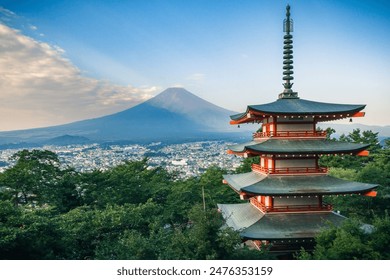 Sunrise at Chureito Pagoda, in Fujiyoshida (Yamanashi,Japan). This town in the region of the seven lakes offers stunning views of Mount Fuji. - Powered by Shutterstock