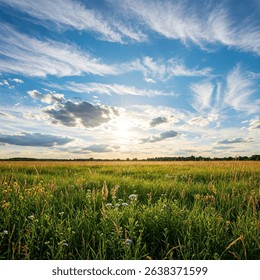 Sunrise clouds blocking light on the sky in the grassland flower fields