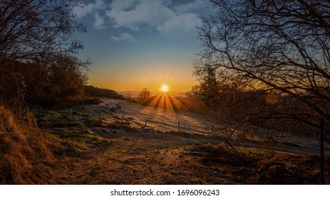 Sunrise Early Spring On A Typical Path In The Countryside Of Lozère Near Marvejols In The South Of France.