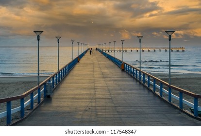 Sunrise at the famous marine pier in resort city of Palanga, Lithuania, Europe