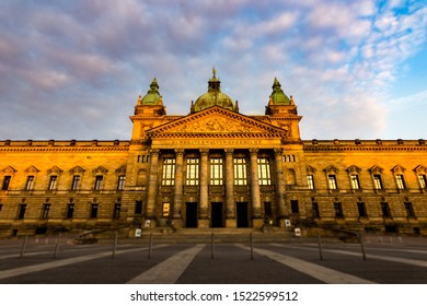 Sunrise at the federal high court building at the city of Leipzig.  German federal court in downtown of Leipzig. In the time of the GDR, the Bundesverwaltungsgericht was the Georgi Dimitroff Museum.