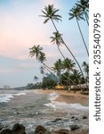 Sunrise with fishermen in Unawatuna, Sri Lanka, beach, palm trees and ocean