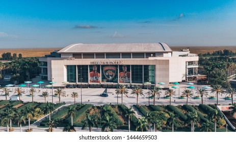 Sunrise, Florida/USA - July 07, 2019: Aerial view on BB&T Center indoor arena and home for the Florida Panthers NHL hockey team. Elements of landscape design.