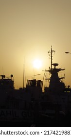 Sunrise In Front Of A Coast Guard Ship In Izmir