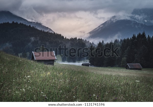 Sunrise Geroldsee Bavaria Germany Mountain Cabins Stock Photo