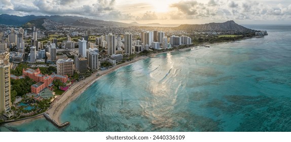 sunrise of Honolulu with Waikiki beach - Powered by Shutterstock