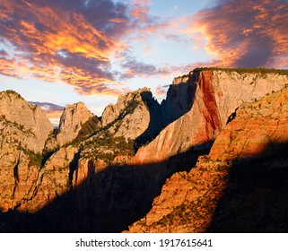 Sunrise Illuminates The Altar Of Sacrifice. 
Towers Of The Virgin, Zion National Park, Utah