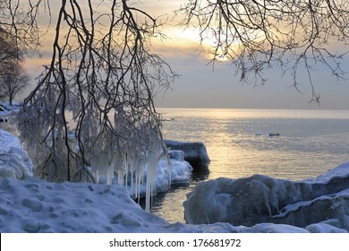 Sunrise At Lake Ontario, Winter Landscape. 