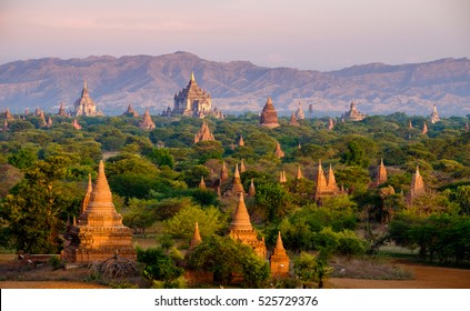 Sunrise landscape view with silhouettes of old temples, Bagan, Myanmar (Burma)