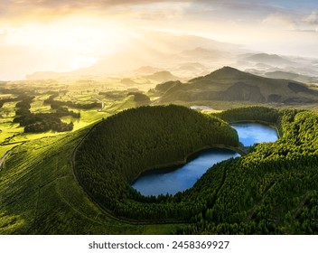 Sunrise landscape with Vulcanic Lake, mountain and sun, Sao Miguel Island, Azores, Portugal - Powered by Shutterstock