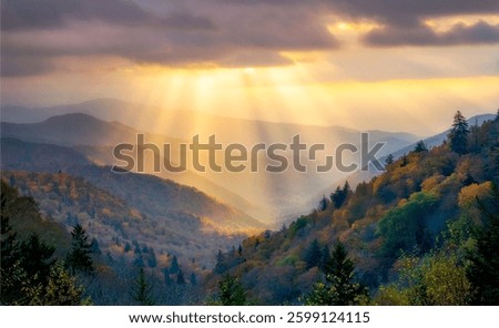 Sunrise light rays over rolling mountain ridges in autumn. Smoky Mountains National Park, Tennessee