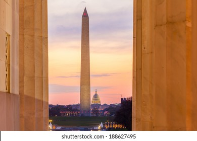 Sunrise From Lincoln Memorial With Washington Monument And The U.S. Capitol Building