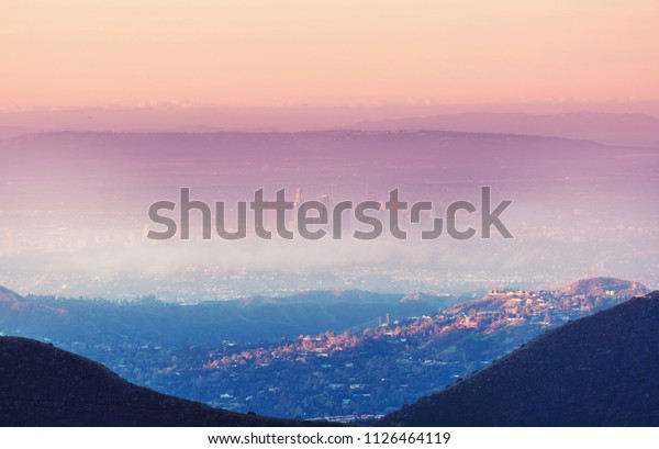 Sunrise in Los Angeles,\
view from above