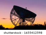 Sunrise at the Lovell Telescope at Jodrell Bank in the Cheshire landscape - a UNESCO World Heritage Site. Radio Telescope Centre for Astrophysics at the University of Manchester