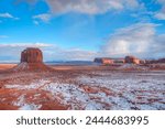 Sunrise, Merrick Butte on left, Spearhead Mesa on right, Monument Valley Navajo Tribal Park, Utah, United States of America, North America