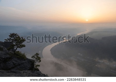 Sunrise, morning mist, view from Lilienstein to the Elbe in direction of Bad Schandau, Elbe Sandstone Mountains, Saxony, Germany