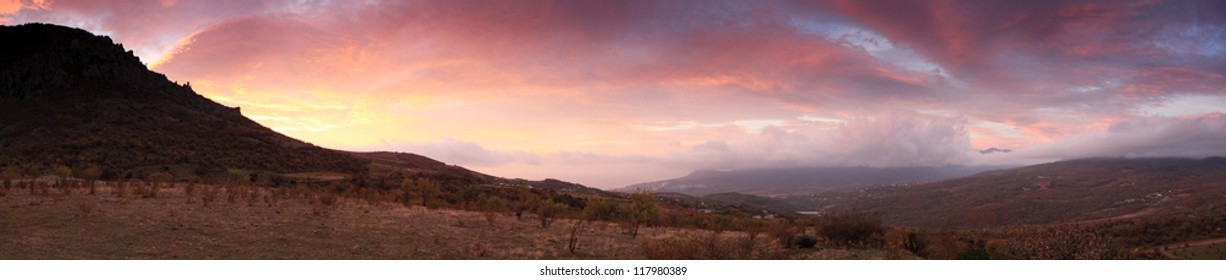 sunrise in the mountains Demerdji. Alushta, Crimea, Ukraine. panorama