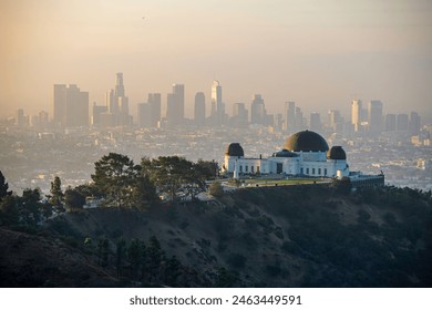 Sunrise, Mt. Hollywood, Griffith Observatory, Los Angeles skyline, cityscape, urban beauty, dawn, morning light, majestic, scenic, panoramic, views, Hollywood Hills, Griffith Park, iconic landmark, CA - Powered by Shutterstock