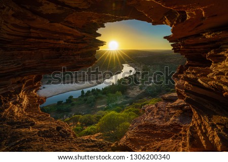 sunrise at natures window in the desert of kalbarri national park, western australia