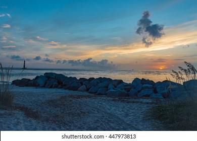 Sunrise Near Charleston With The Morris Island Lighthouse.