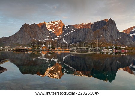 Similar – Image, Stock Photo Reinevagen-gulf + Reinehalsen-isthmus + Reinebringen-mount. 0341