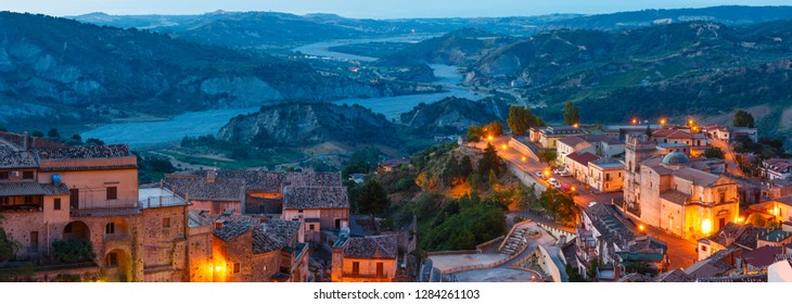 Sunrise Old Medieval Stilo Famos Calabria Village View, Southern Italy.