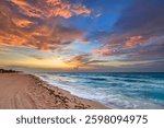 Sunrise on the beach of Playa del Carmen at Caribbean sea, Mexico