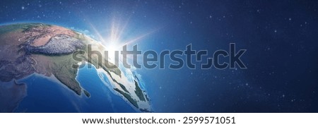 Sunrise on detailed satellite cartography of Earth globe, South East Asia, deep space banner - Elements furnished by NASA