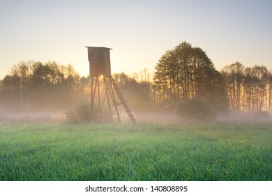 sunrise on foggy meadow with raised hide