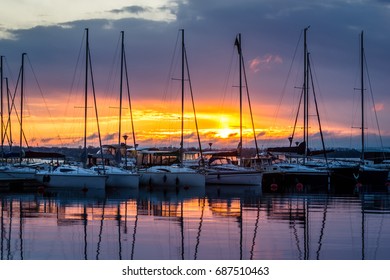 Sunrise On Marina Wilkasy Above Lake Niegocin Near Gizycko, Masuria, Poland