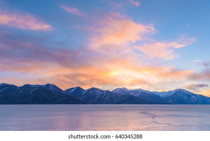 Sunrise On The Pangong Tso Lake In Winter, Near Spangmik India Ladakh On The Border With Tibet China