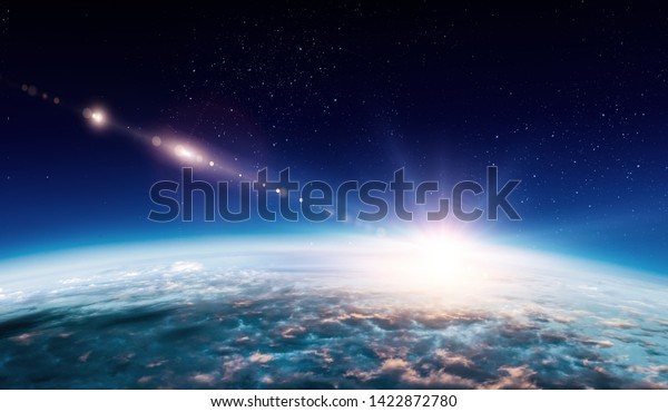 Sunrise on planet orbit,\
space beauty