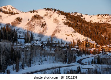 Sunrise on the ski slopes at Deer Valley, Utah, near Salt Lake City.