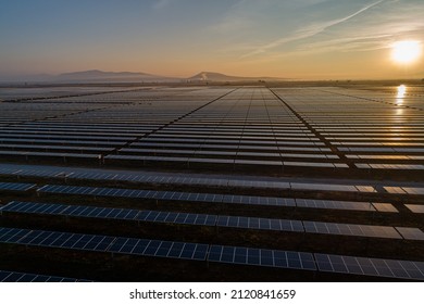 Sunrise On Solar Panel Field Aerial View In Mexico