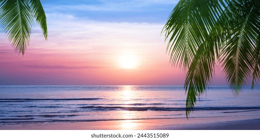 Sunrise on tropical island sea beach, calm ocean sunset, morning dawn panorama landscape, palm tree leaves silhouette, yellow sun reflection, blue water waves, soft pink sky, summer holidays, vacation - Powered by Shutterstock