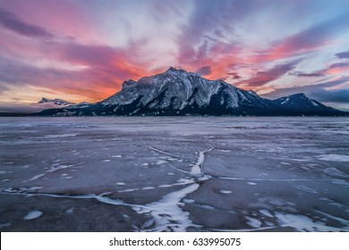 Sunrise Over Abraham Lake In Winter,
Alberta, Canada, Northern Rockies