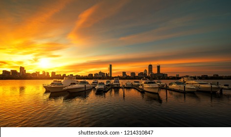 Sunrise over Boston city with boat and harbor, Boston, USA, United stages of America