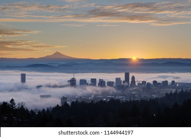 Sunrise over City of Portland Oregon and Mount Hood Covered in Low Fog Banks - Powered by Shutterstock