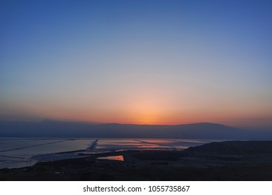 Sunrise Over Dead Sea, Full Of Minerals Near Town Ein Bokek, Place For Medical Treatments, Climatotherapy, Thalassotherapy, Heliotherapy