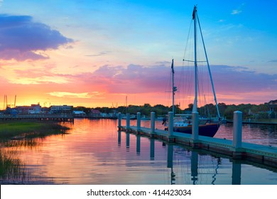 Sunrise Over A Docked Sailboat In Charleston South Carolina 