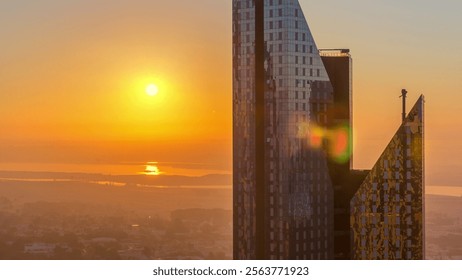 Sunrise over Dubai skyline in the morning, aerial top view to downtown city center landmarks timelapse. Famous viewpoint, foggy weather. United Arab Emirates - Powered by Shutterstock