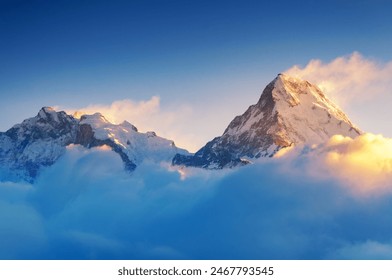 Sunrise over Fish Tail or Machapuchare Mountain View from Poon Hill View Point Nepal - Powered by Shutterstock